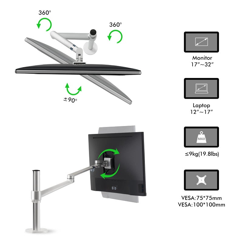 Viozon Laptop/Notebook/Projector Mount Stand,Height Adjustable Single Arm Mount Support 12-17 inch Laptop/Notebook/Tablet, Free Removable VESA 75X75 and 100X100 for Monitor 17-32 inch (Silver) - Image 4